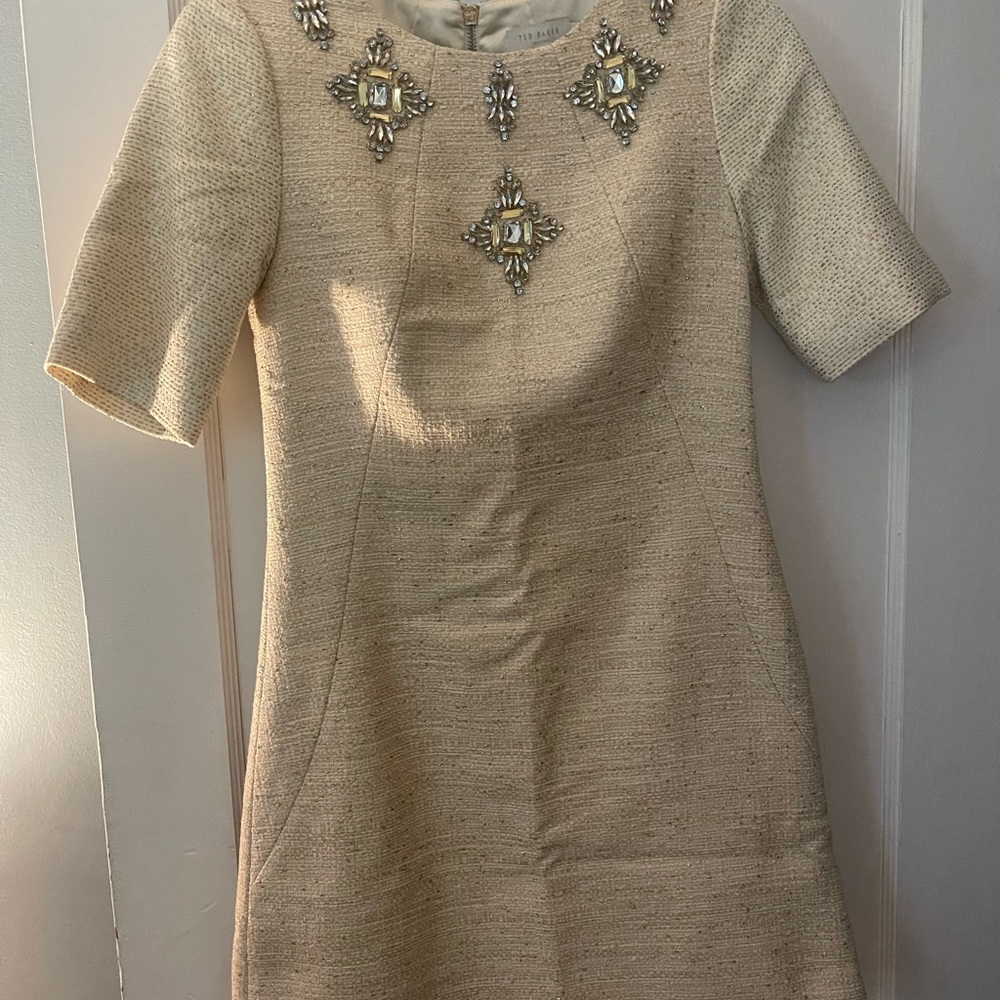 Ted Baker Cream Gold Embellished Sheath Dress
